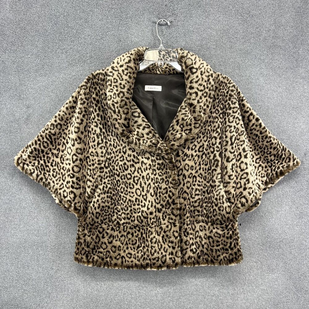 Calvin Klein Cape Womens Medium Faux Fur Animal Print Hook Eye Short Sleeve